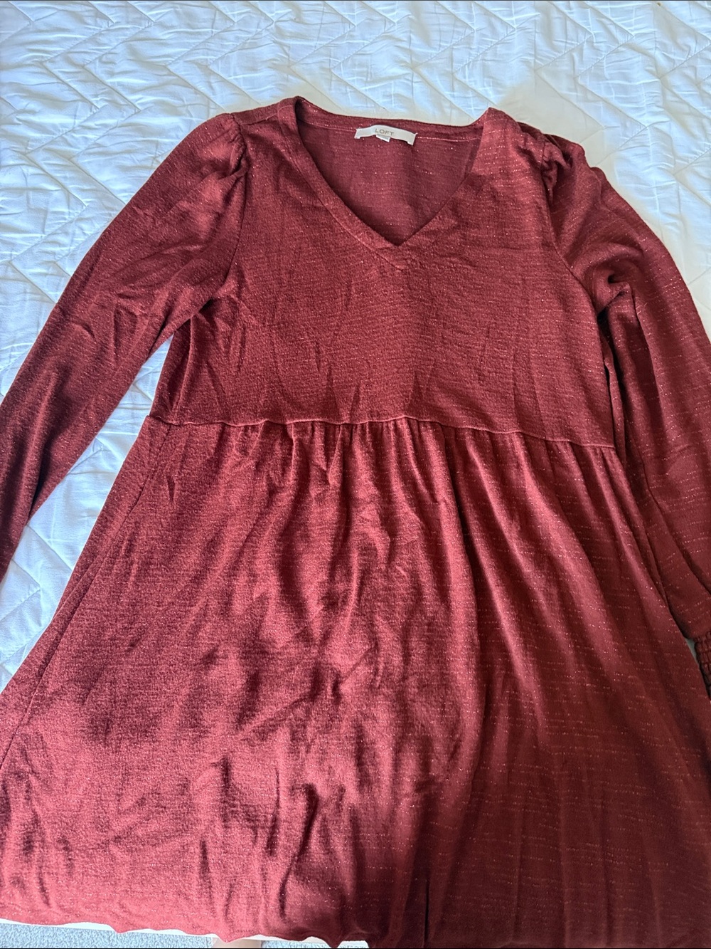 LOFT Long Sleeve V-Neck Babydoll Dress - Rust